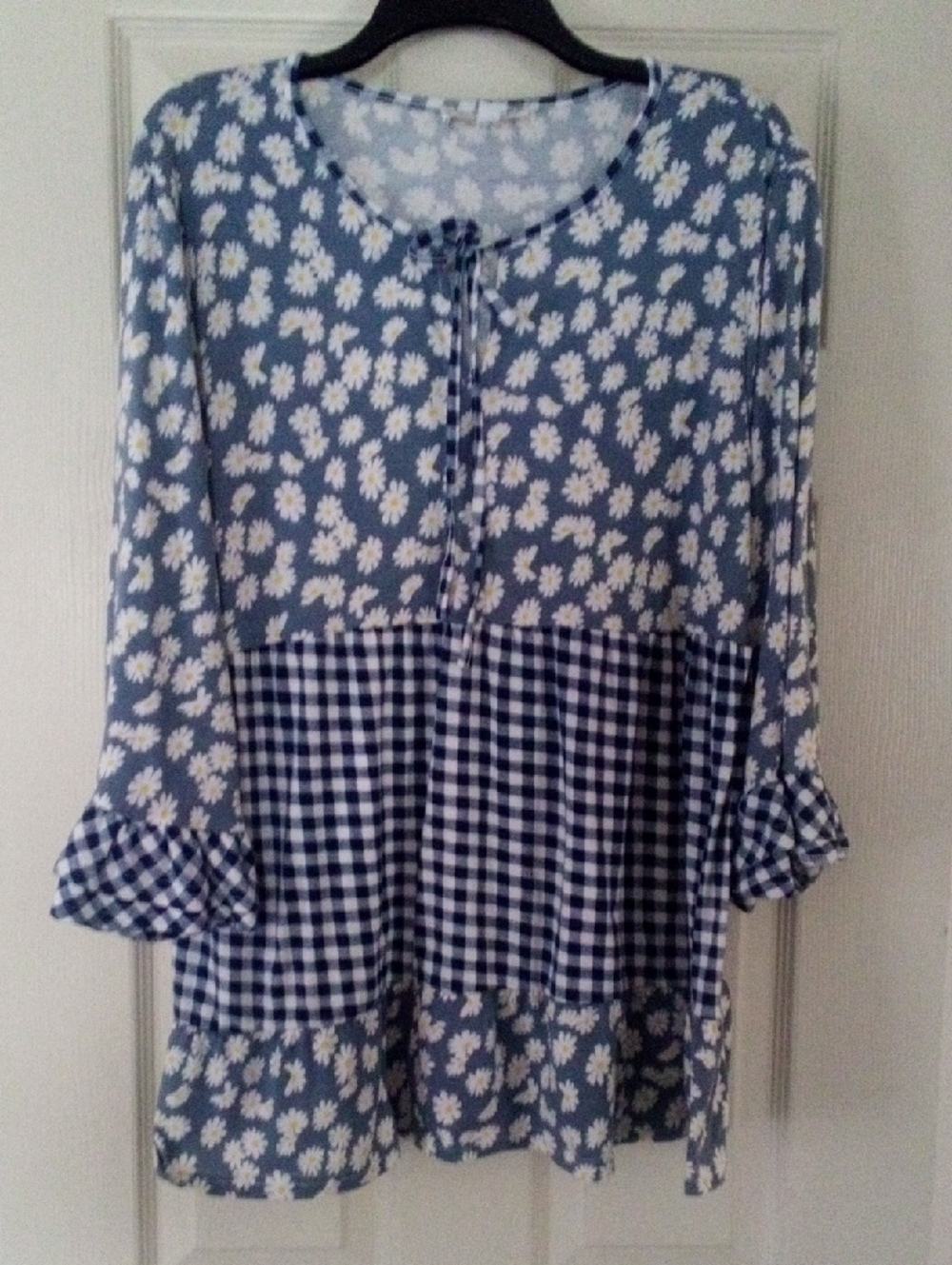 Suzanne Betro Blouse - Blue and White Daisy Print Tunic with Gingham Panel